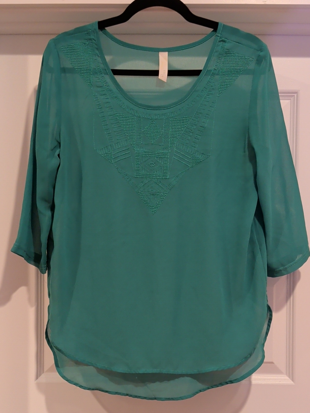 Women’s Teal Embroidered Scoop-Neck Blouse with Three-Quarter Sleeves